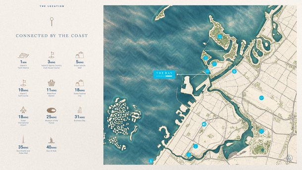 Map of Dubai’s coast with The Bay on Island A of Dubai Islands and the drive times to the landmarks